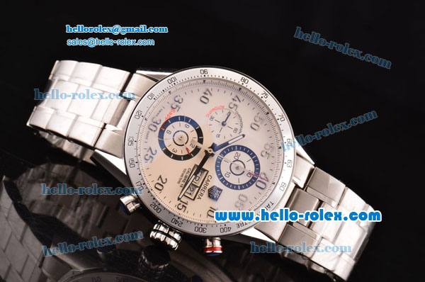 Tag Heuer Carrera Chronograph Swiss Valjoux 7750-SHG Automatic Steel Case with Numeral Markers and White Dial - Click Image to Close